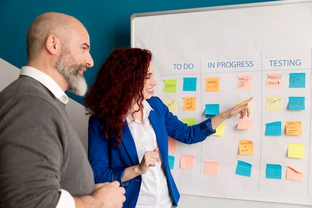 Equipo de desarrollo trabajando con el método SCRUM sobre una pizarra con notas adhesivas