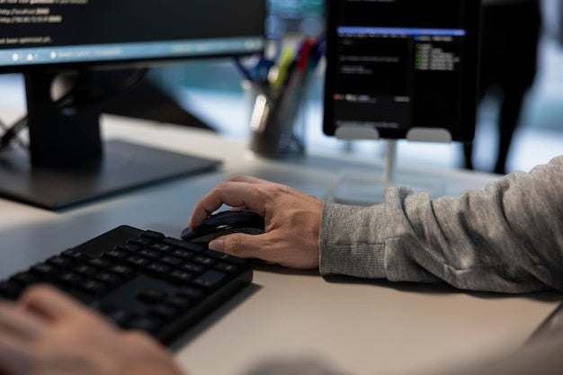 Administrador de sistemas escribiendo comandos en un teclado frente a servidores, representando la administración de sistemas Linux