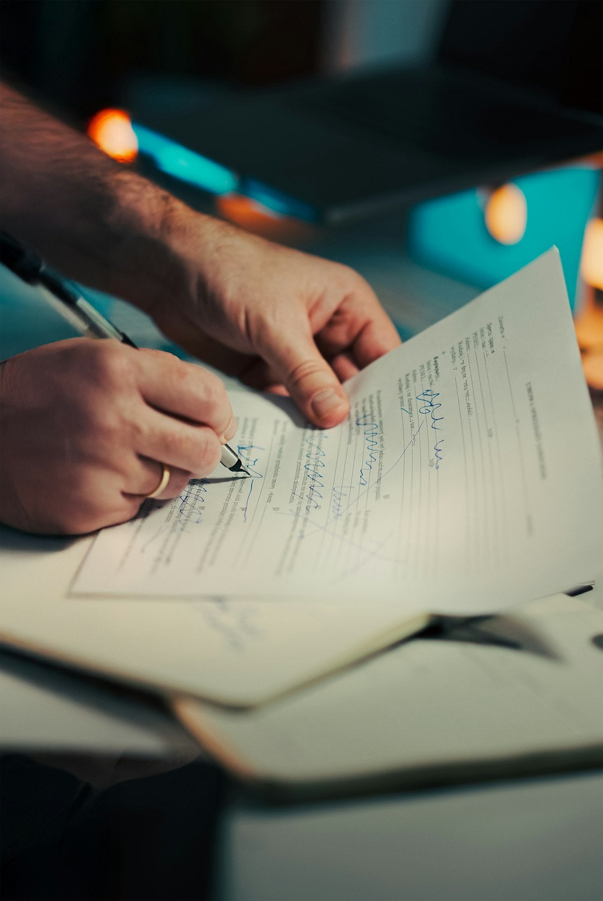 Persona firmando un documento con un bolígrafo sobre una mesa de oficina