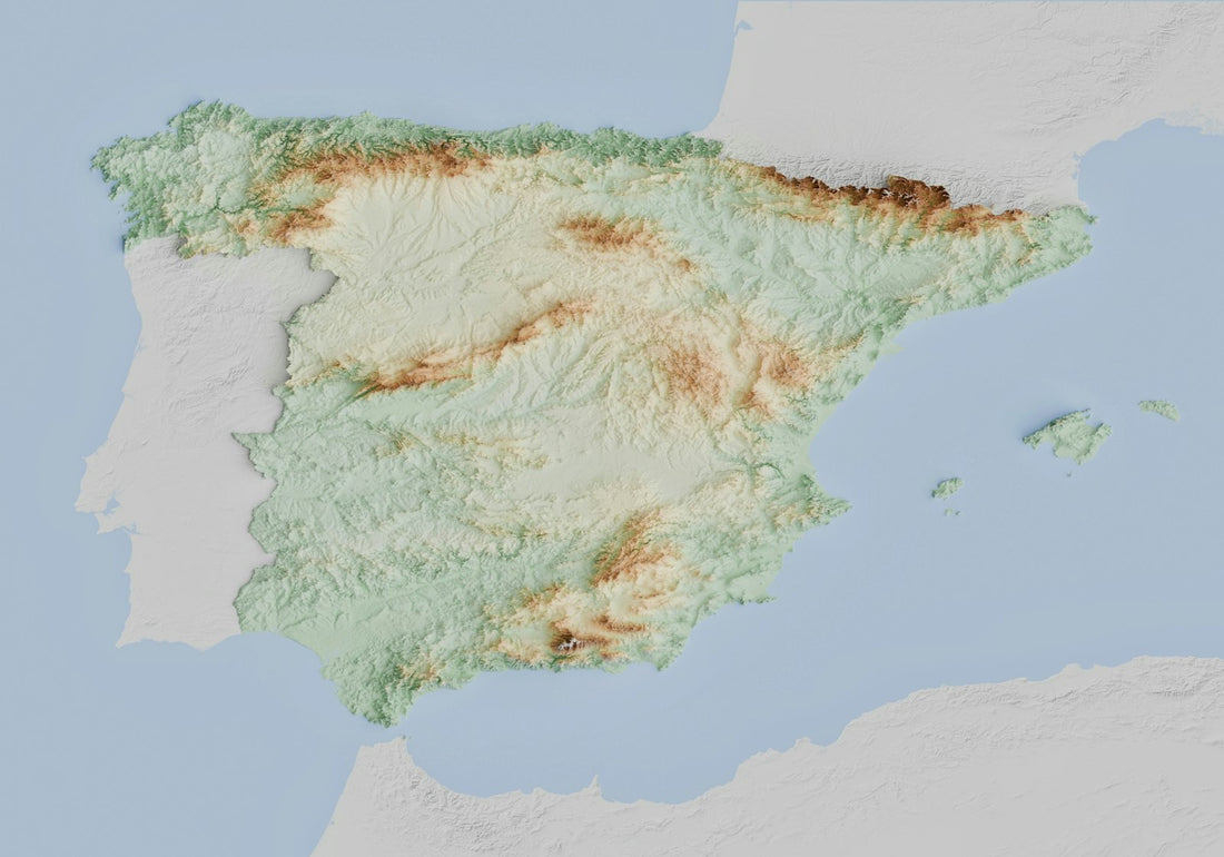 Mapa topográfico de la península ibérica, representando la movilidad geográfica de los funcionarios del TAI
