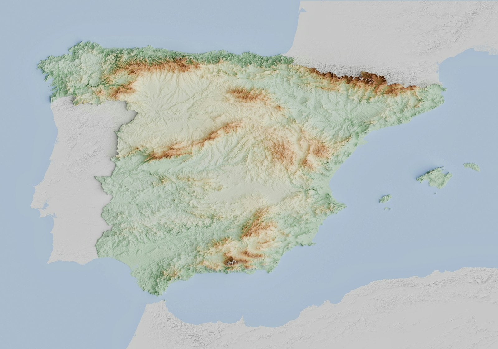 Mapa topográfico de la península ibérica, representando la movilidad geográfica de los funcionarios del TAI