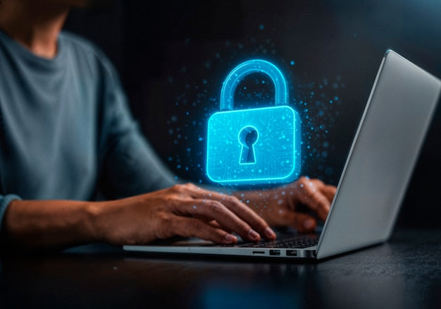Candado digital sobre un portátil, representando la seguridad de la firma electrónica y el certificado digital